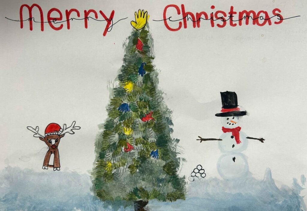 large Christmas tree in the middle with all leaves as hands, a snow man on one side a reindeer on the other with 'merry Christmas' written across the top of the page.